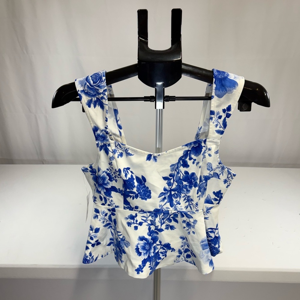Anthropologie Maeve Square-Neck Peplum Tank Top// Blue Pattern - Picture 5 of 11